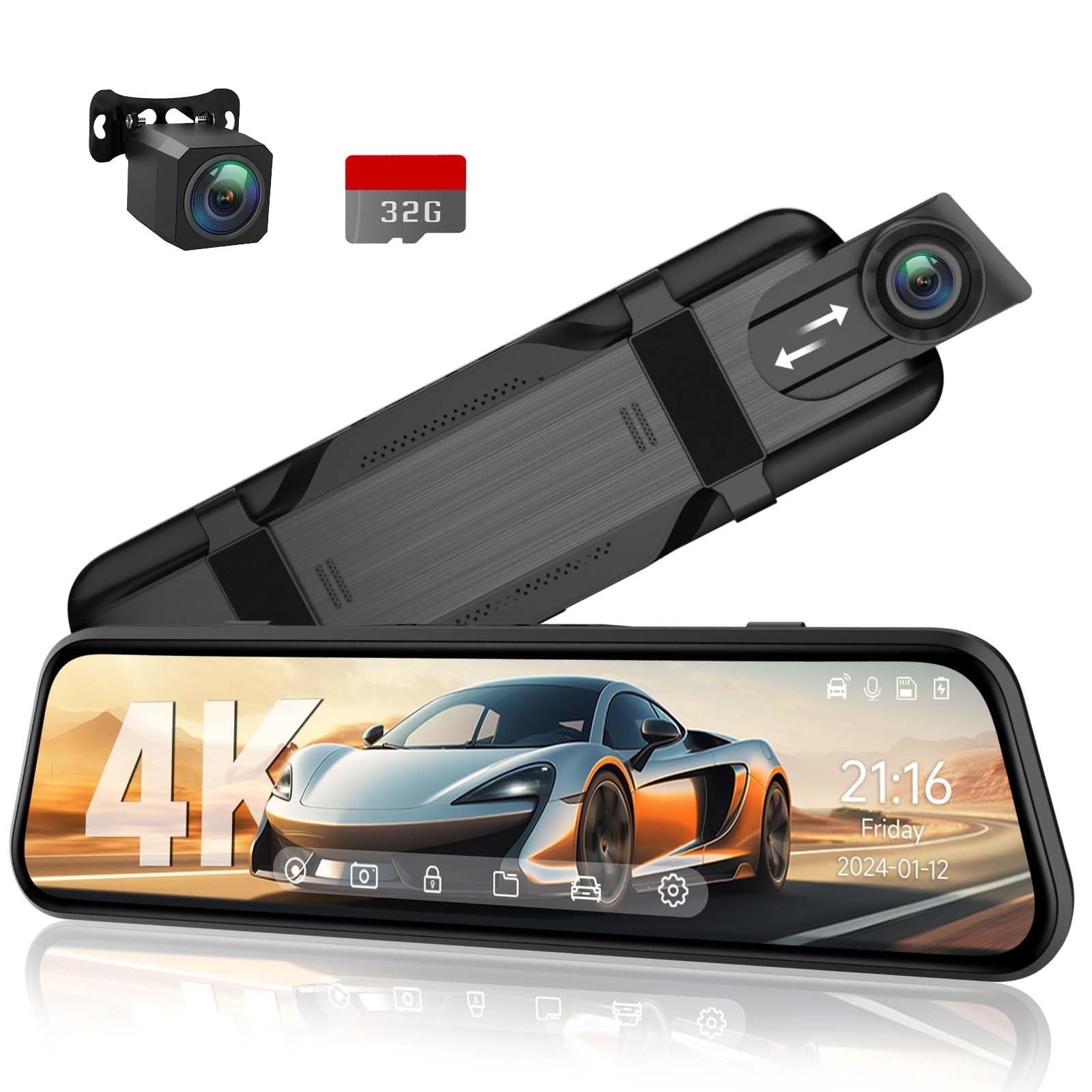 VT10 4K Mirror Dash Cam Front and Rear, 10″ Touchscreen for Cars