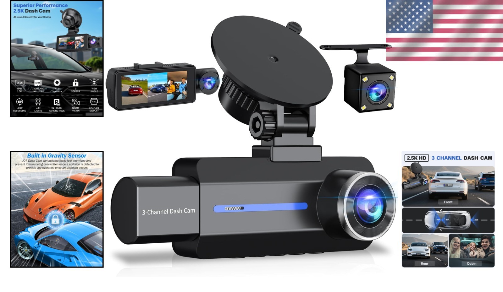 3-Channel Dash Camera – 2.5K Front & Rear View, Night Vision & Parking Mode
