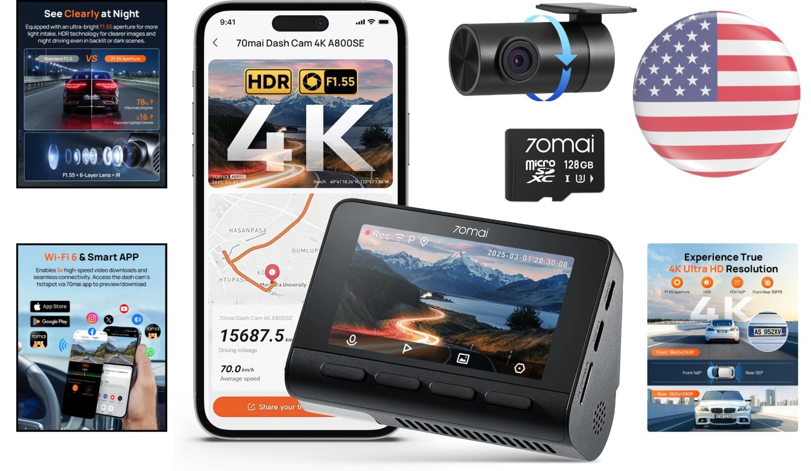 Comprehensive 4K Dual Camera Dash Cam with Loop Recording & Parking Mode