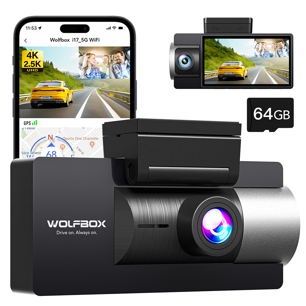 WOLFBOX 5G WiFi Dash Cam Front Inside 4K+2.5K Car Dual Dash Camera with 64G Card