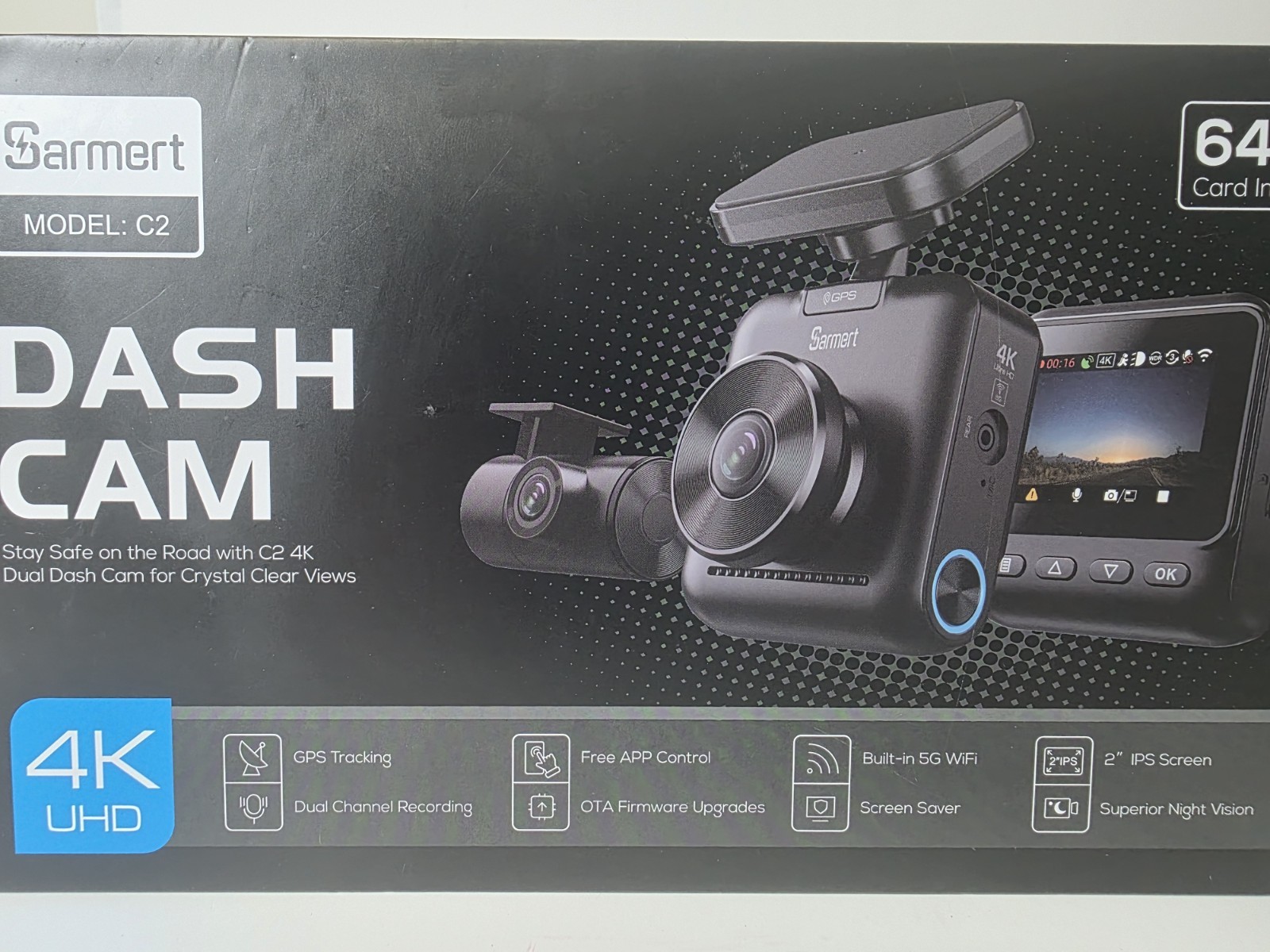 C2 4K Dual Dash Cam Front and Rear – Built-in GPS and 5G WiFi, Free 64GB Card…