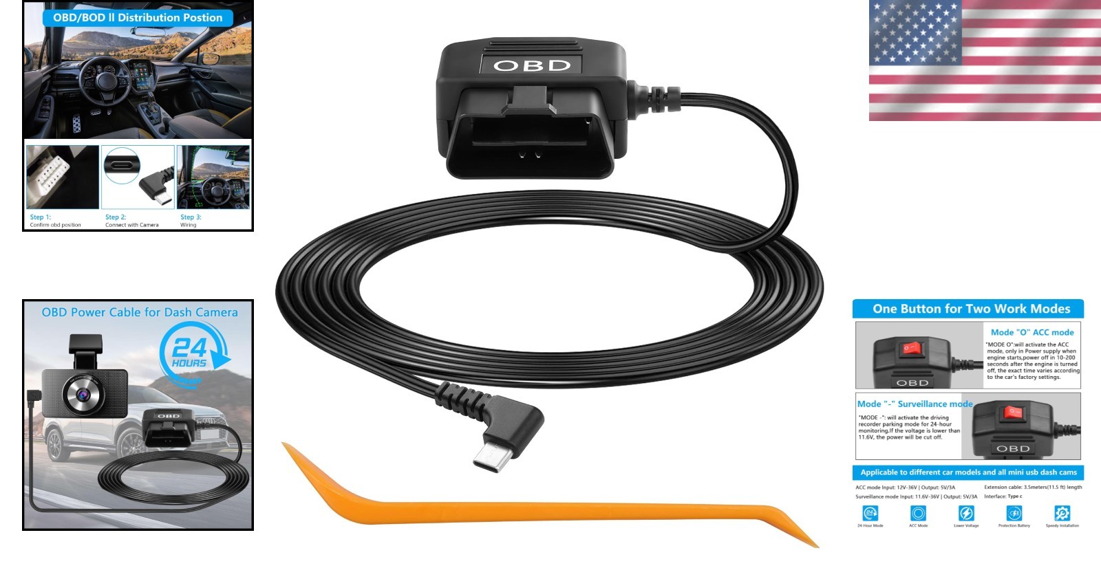 Automotive OBD Power Cable for Dash Cameras – Simple Plug & Play, 3.5M Length