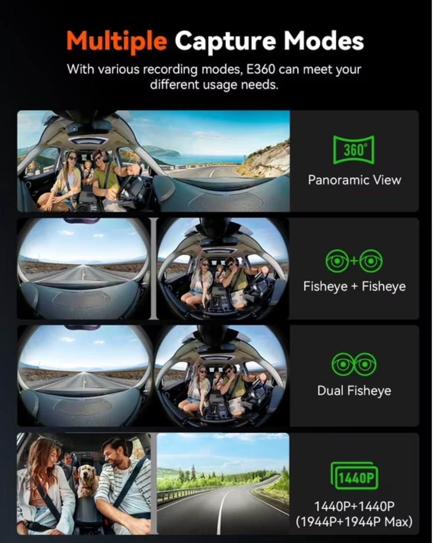 Vantrue E360 5.2K 360° Panoramic Dash Cam, 5GHz WiFi GPS HDR IR Night Vision
