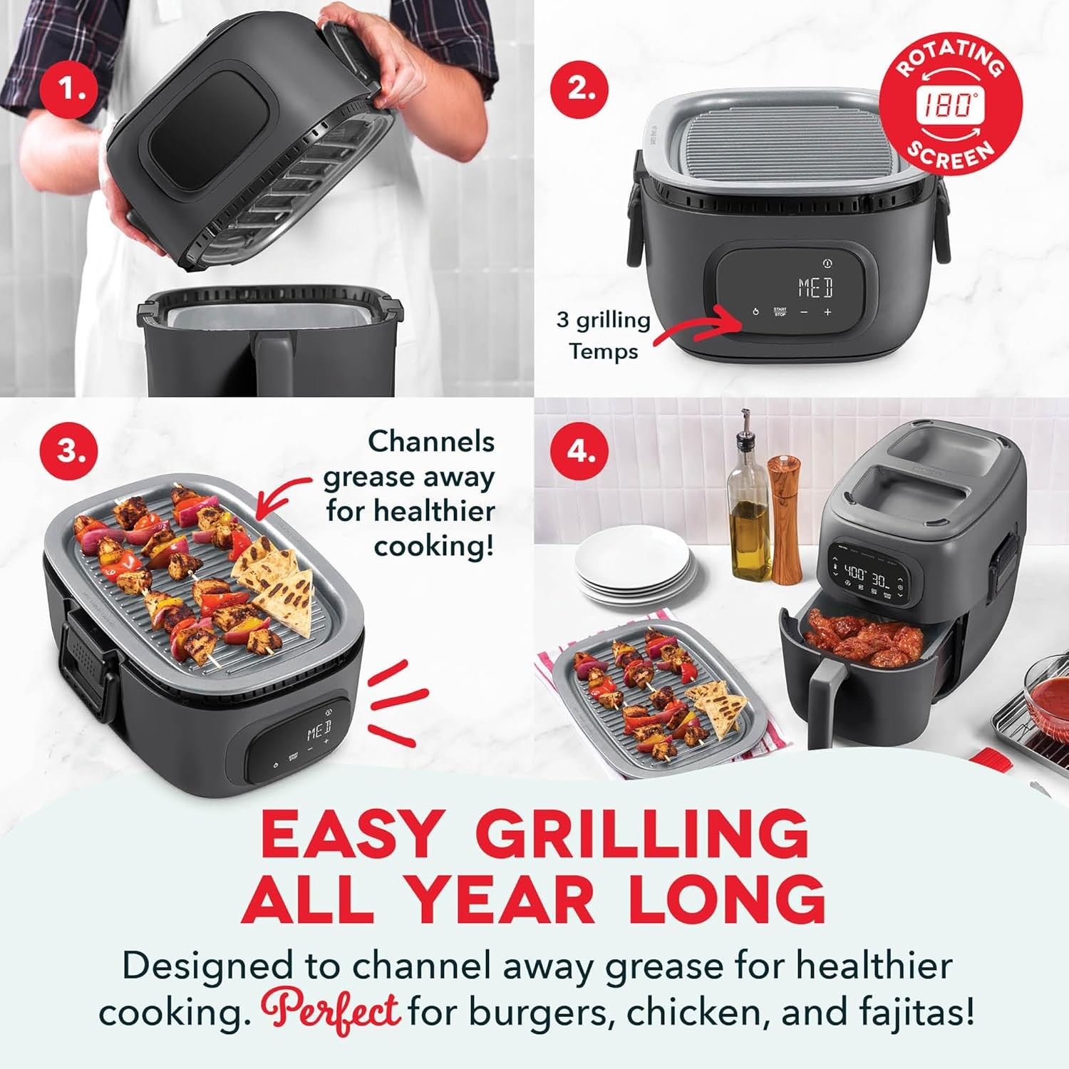 Dash Flip & Fry™ 2-in-1 Digital Grill & Air Fryer – 5-in-1, 7 Qt Capacity