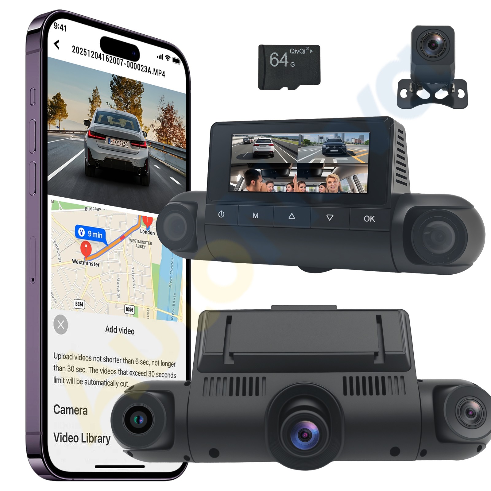 4K+3x1080P 4 Channel Dash Cam 360°All-Around View DashCam for Car Free 64GB Card