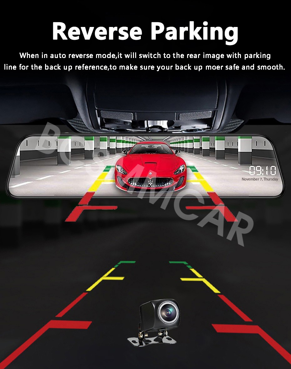 Car Dash Cam Rearview Mirror Video Recorder Touch Screen BSD Blind Spot Monitor