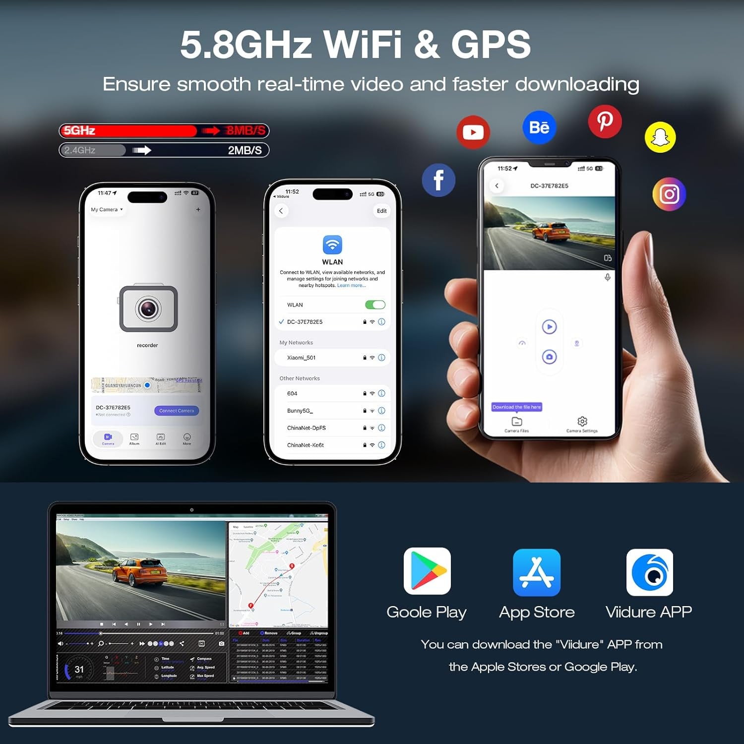 Beferich J18 4K 2.5K Dual Dash Cam GPS WiFi 64GB Card 256GB Max front rear night