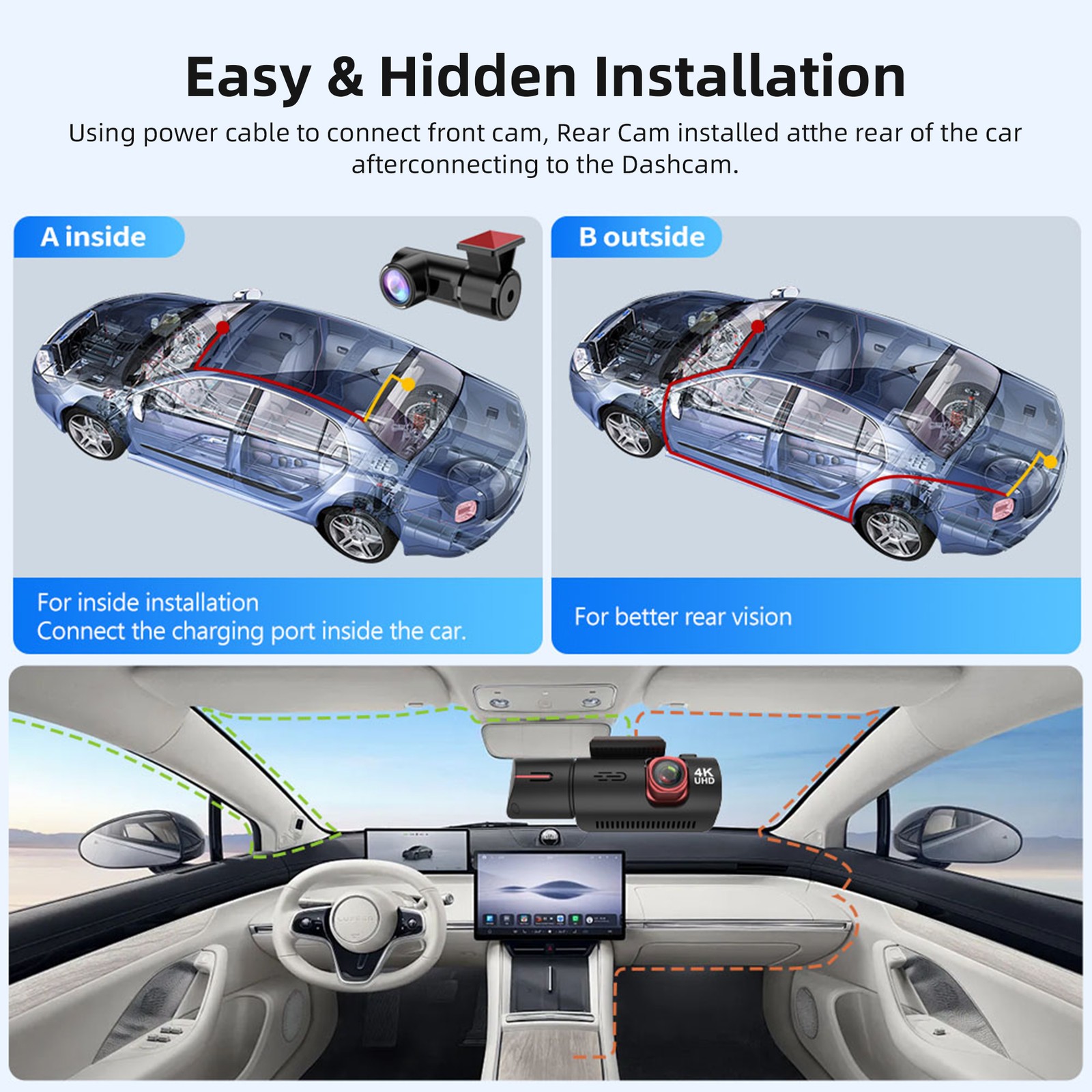 ZD70A Bumper 12″ 4K+1080 5G PMirror Dash Camera 3 Channel WiFi Night Vision