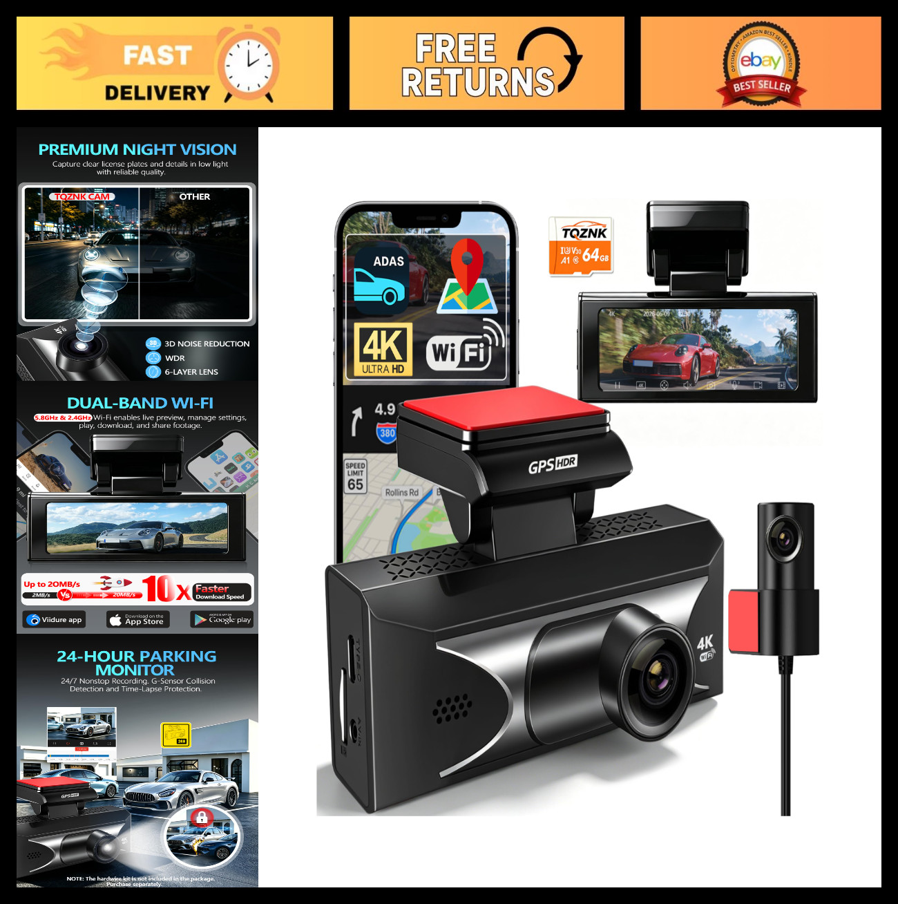 4K Dual Dash Cam Front & Rear, Wi-Fi, GPS, Night Vision, Loop Recording, 64GB Ca
