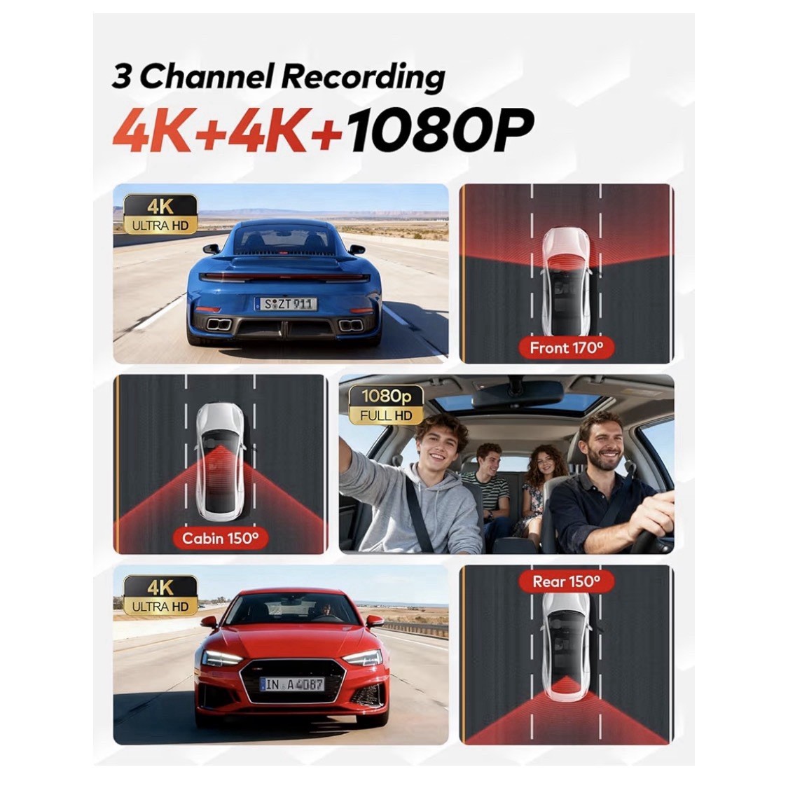 TERUNSOUl 4K+1080P 3 Channel Dash Cam Front and Rear with Cabin Free 128GB Card