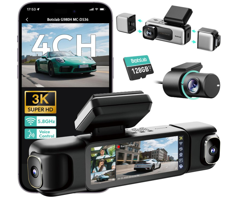 Cámara Dash Cam 3K de 4 Canales 360°, GPS, WiFi 5.8G y Pantalla Táctil. Nuevo