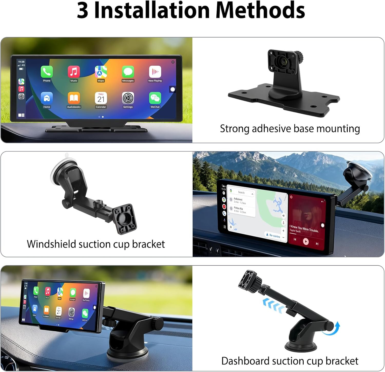 10.26″ Wireless Carplay Screen for Car: 4K Dash Cam & 1080P Backup Camera, Porta