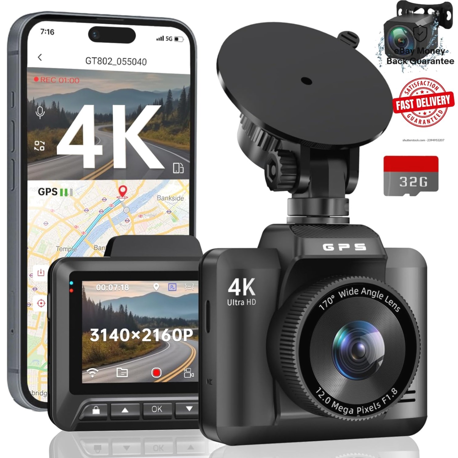 4K Dual Dash Cam with Built-in GPS and Night Vision – Front and Rear Protection