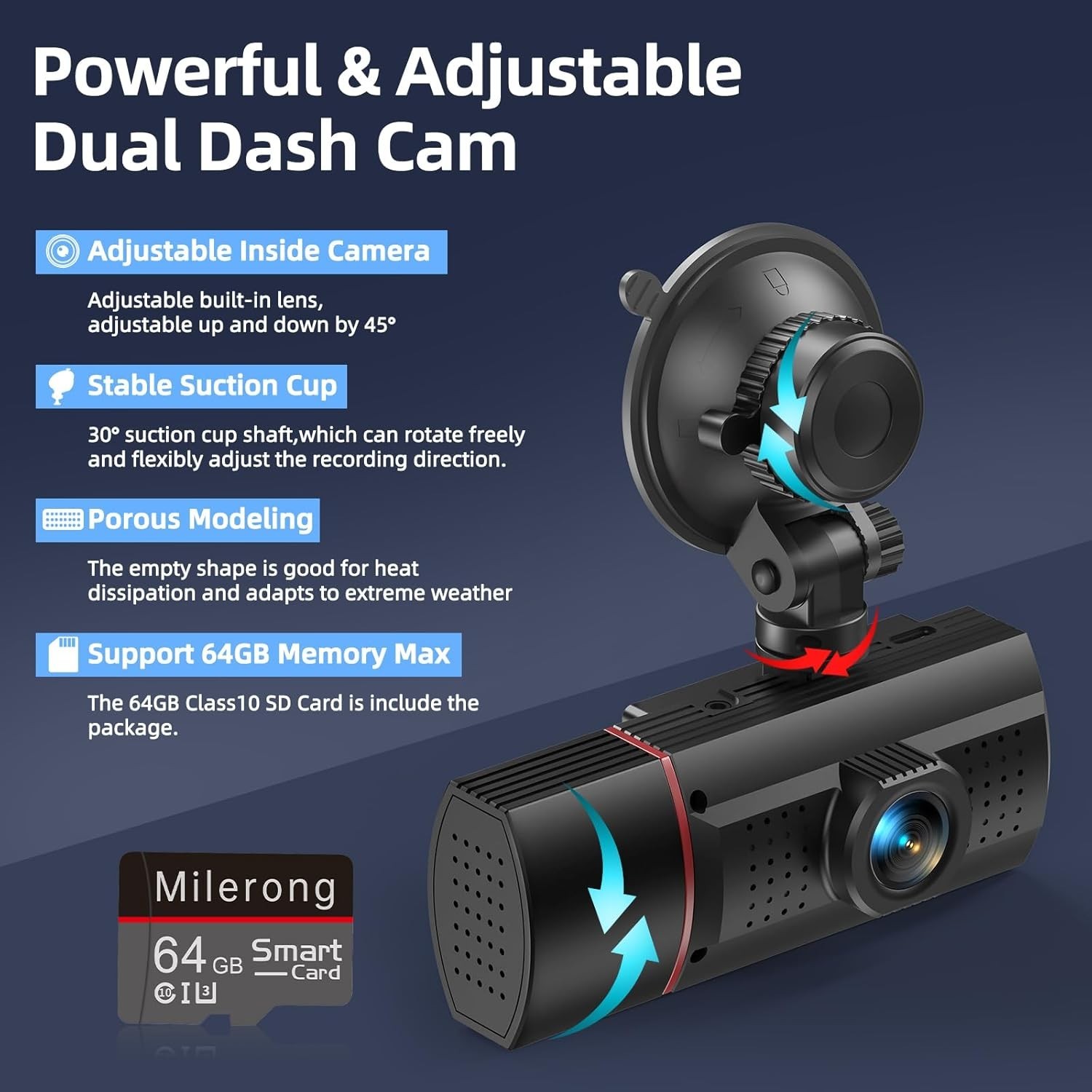 Dual Dash Cam Front and Inside with 64GB Card,Milerong X25 1080P Dash Camera for