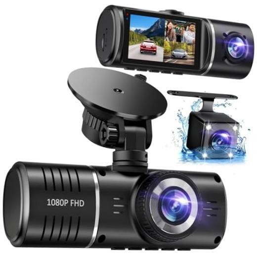 Dash Cam Front and Rear, 1080P Dash Camera for Cars, 3 Channel Car Camera Black