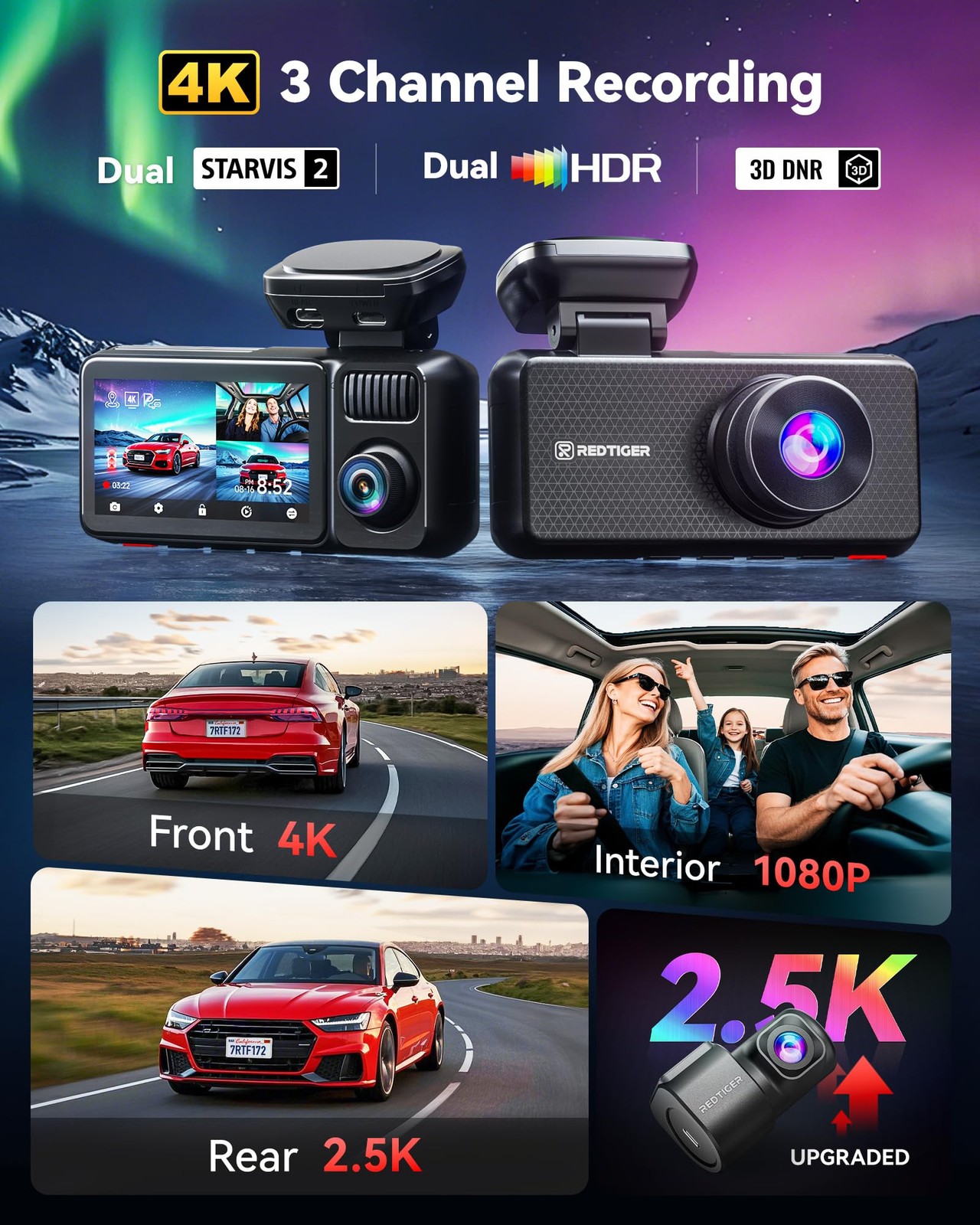 REDTIGER F17 Elite 4K Dash Cam 3 Channel, STARVIS 2 IMX678 & IMX675, 128GB Ca…