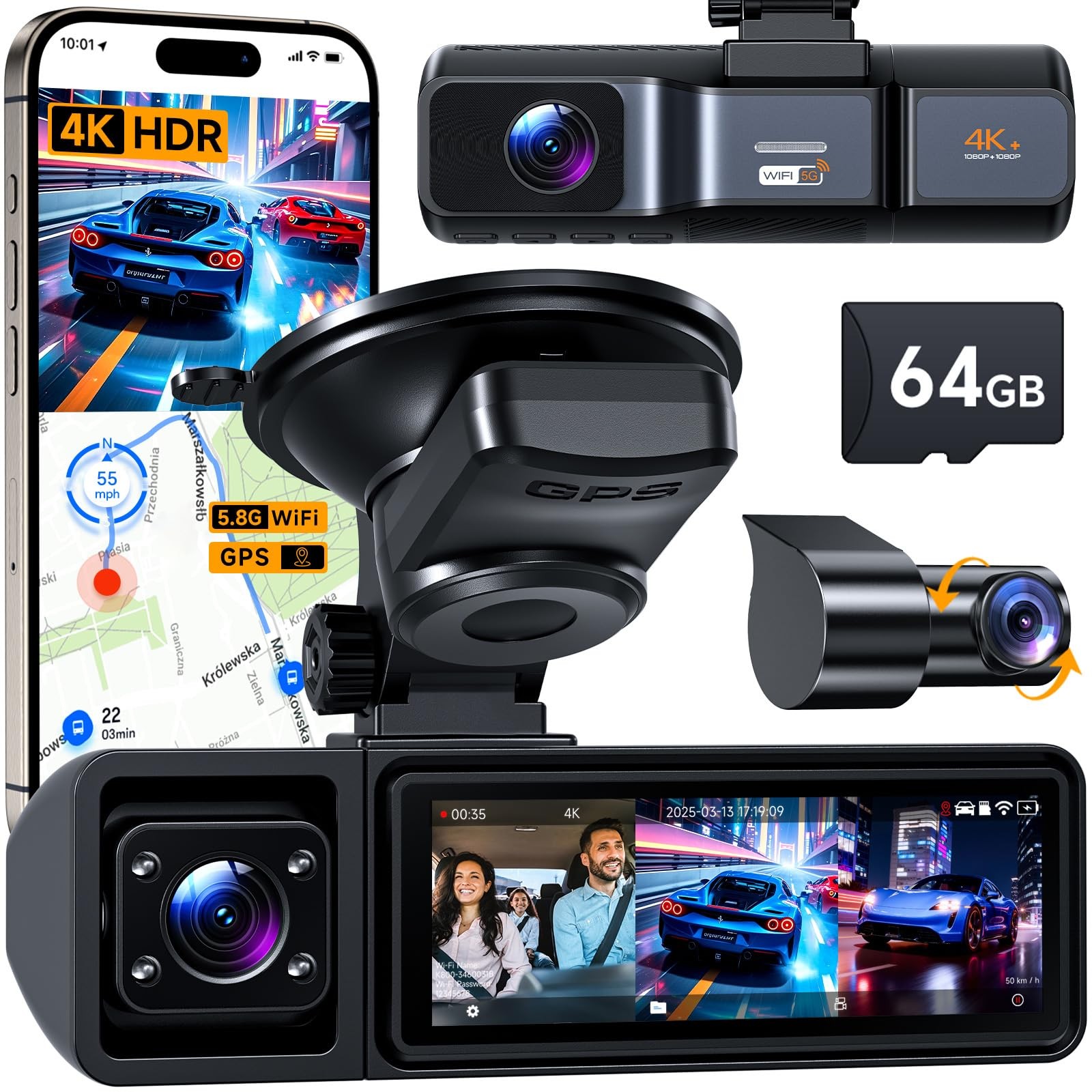 3 Channel Dash Cam, Dash Cam Front and Rear Inside, 5.8GHz WiFi Built-in GPS,…