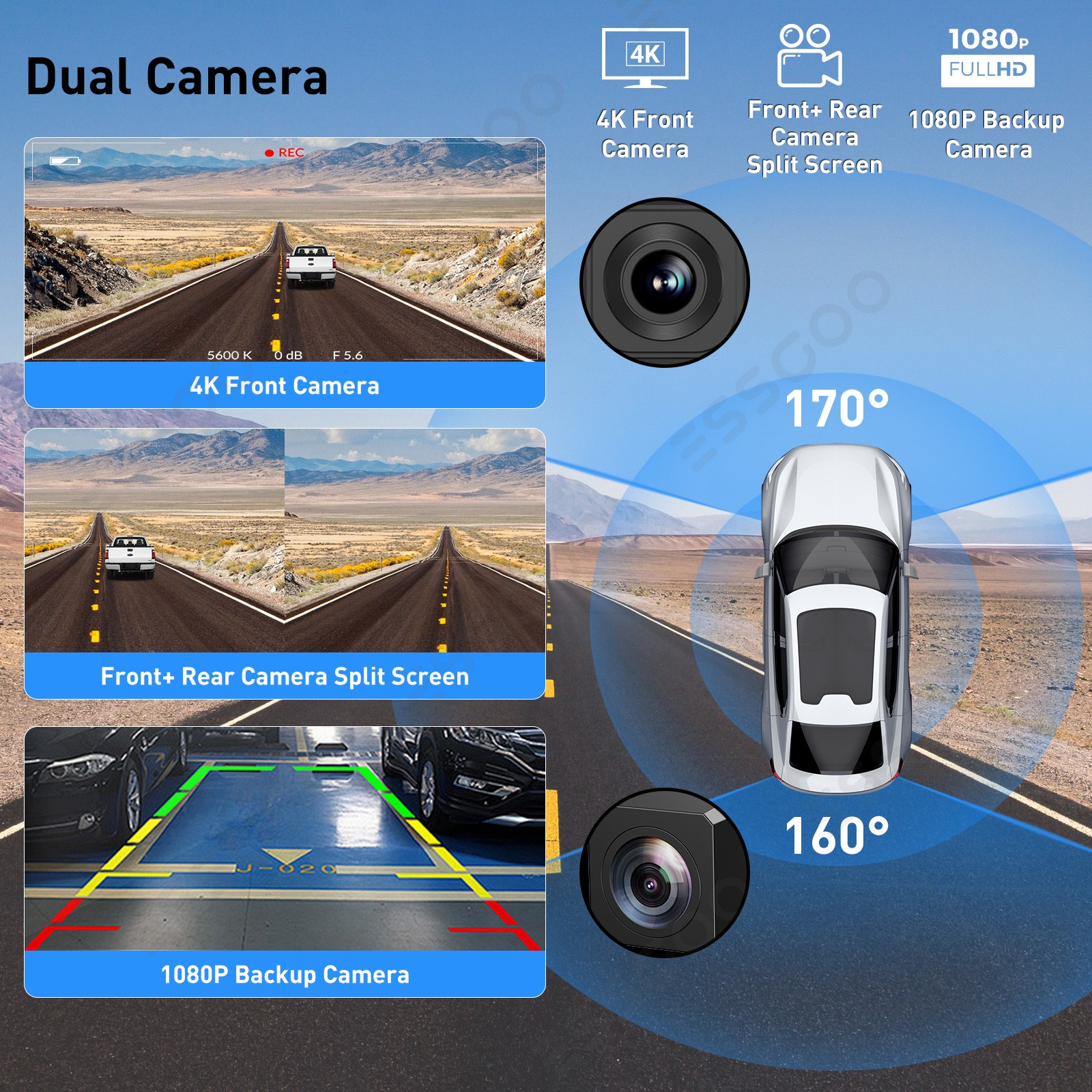 XGODY 4K 10.26″ Dash Cam DVR WiFi Voice Control Car Rear View Backup Dual Camera