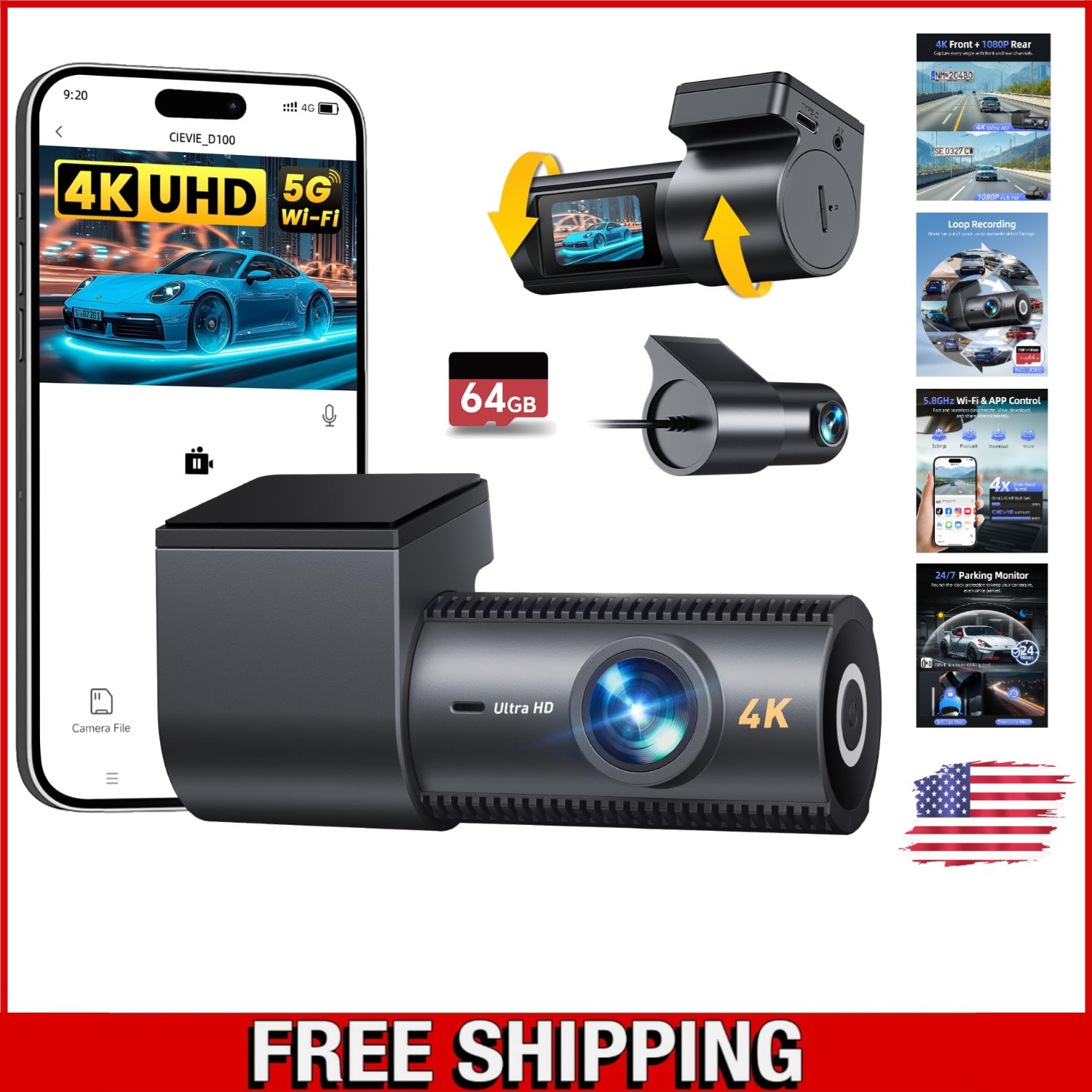 Advanced 4K Dash Cam with 5.8GHz WiFi, Night Vision & 64GB SD Card for Drivers