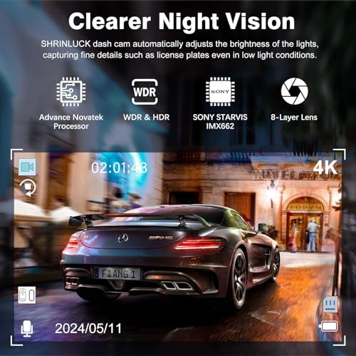SHRINLUCK 4K+1080P+1080P 5.8GHZ WIFI DASH CAM FRONT REAR INSIDE FREE 64G – BLACK