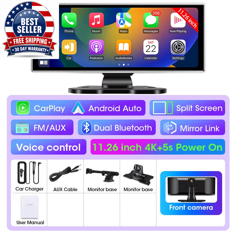 10/11.26 Inch Dash Cam 4K Car DVR Wireless Carplay & Android Auto GPS Navigation