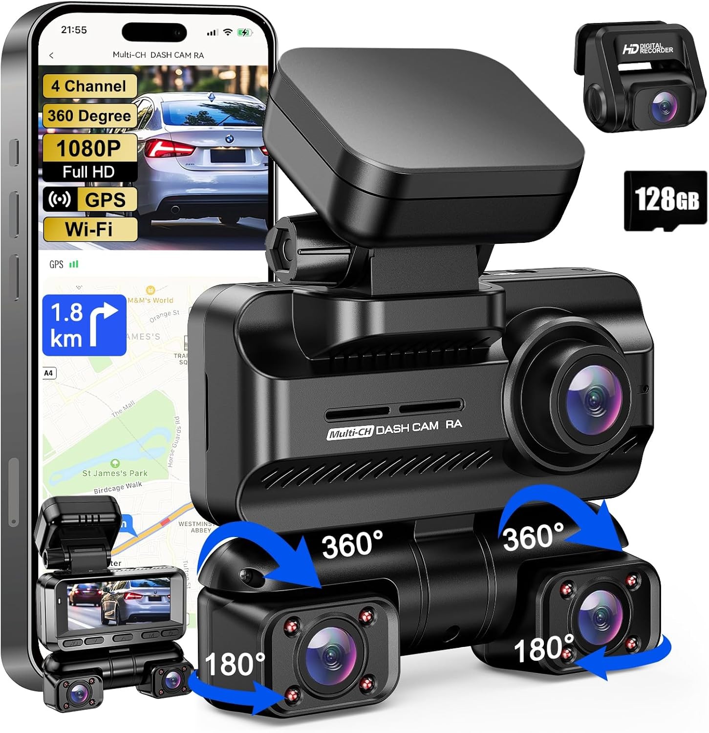 Dash Cam 4 Channel 360° Front Rear Inside DashCam , 4K +3*1080P Car Camera 128G