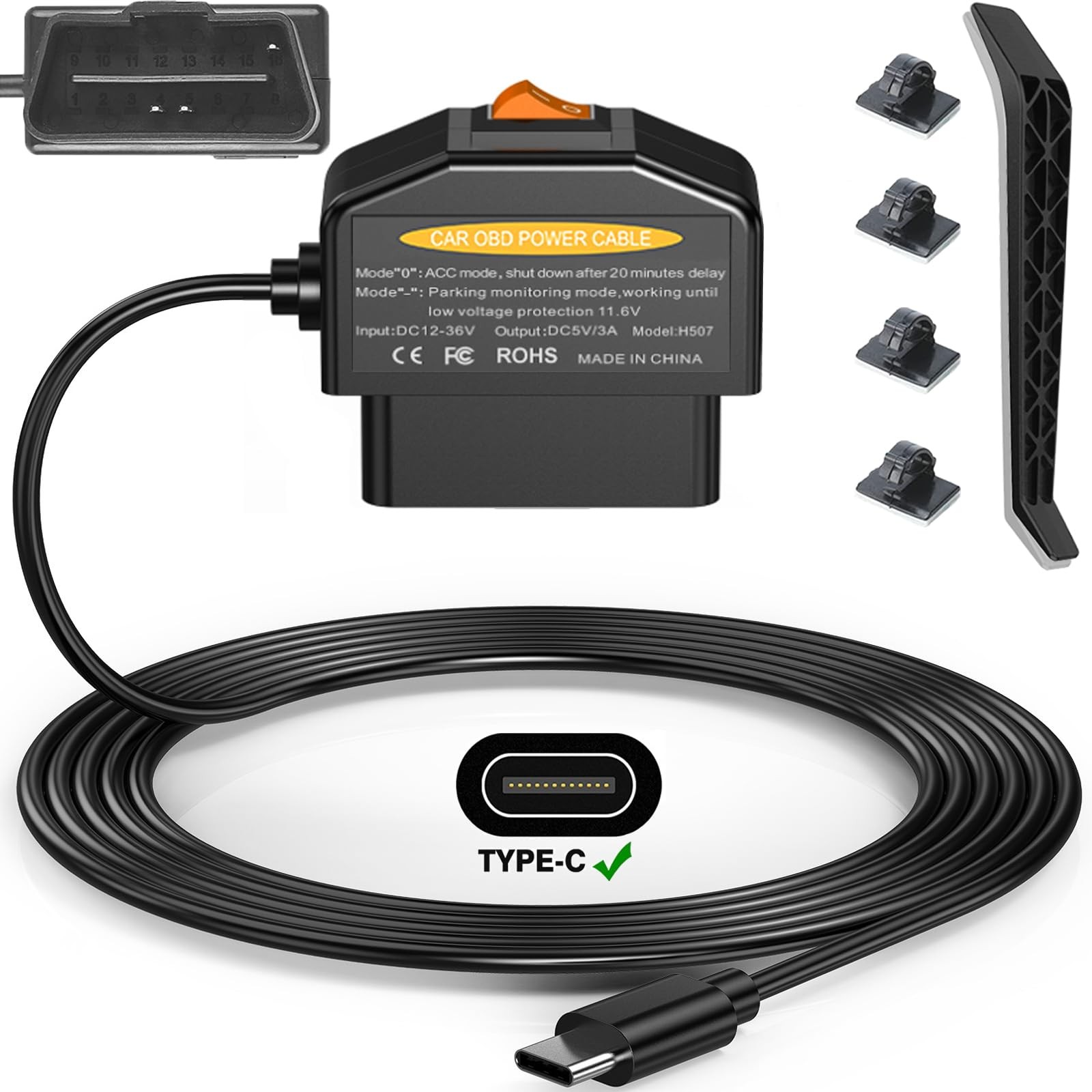 OBD2 Dash Cam Hardwire Kit, OBD2 Power Charging Cable USB Type C | 24h Parkin…