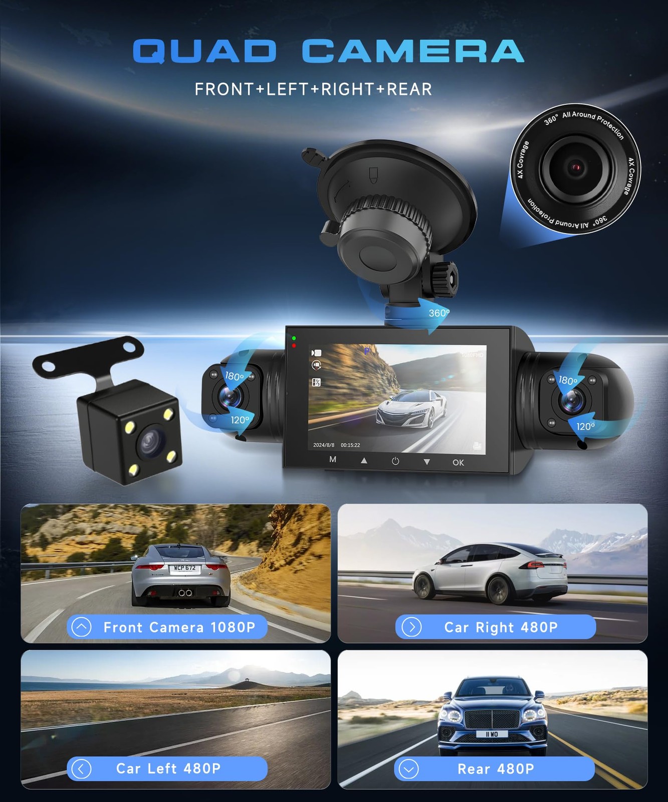 360° 4 Channel Dash Cam 1080P Front+480P Rear Left Right, 3″ IPS Display, 5G …
