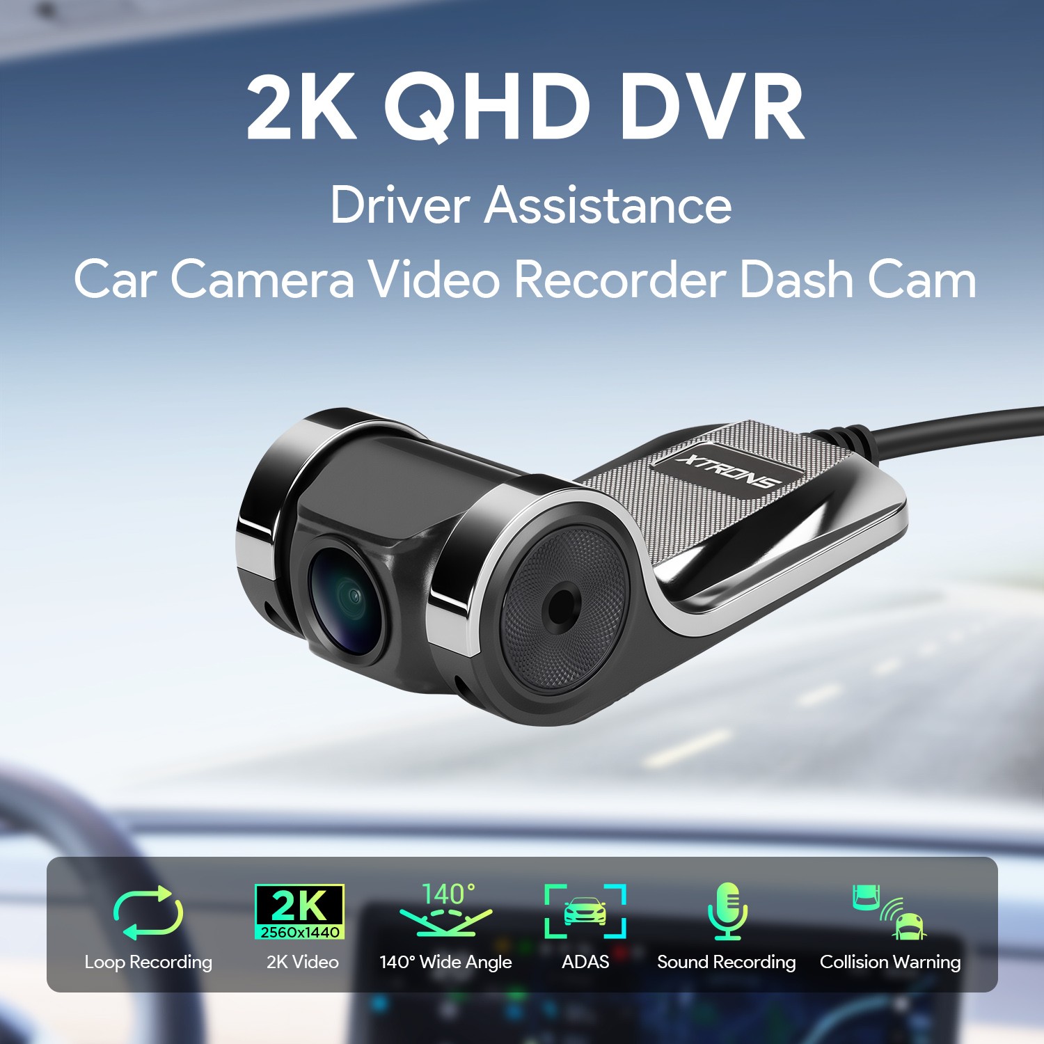 ADAS 2K QHD DVR Driver Assistance Car Camera Video Decorder Dash Cam Sound 140°