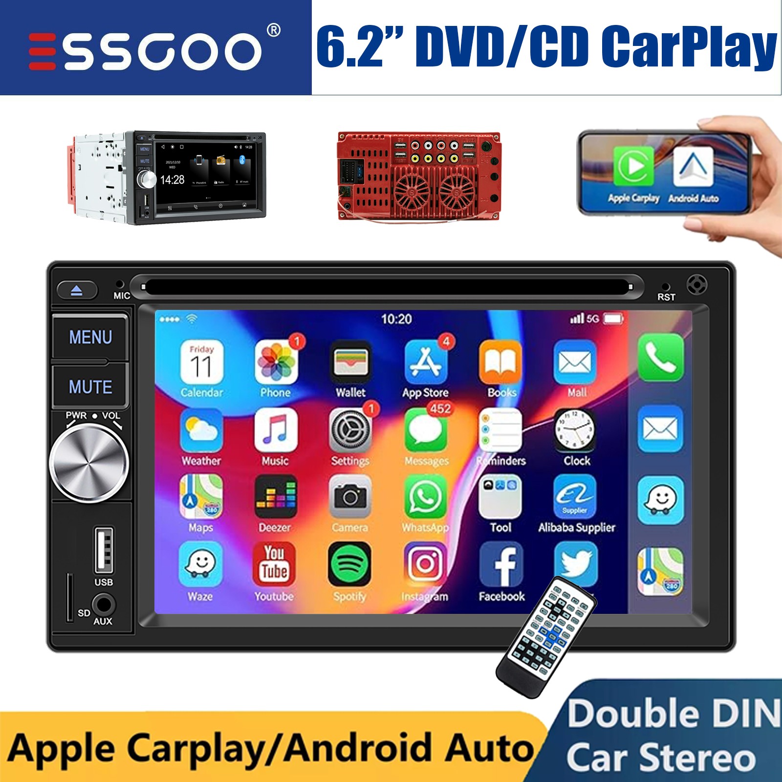 6.2″ Car Stereo Double 2 DIN CD DVD MP5 Carplay FM AM Radio WMA AUX TF Head Unit