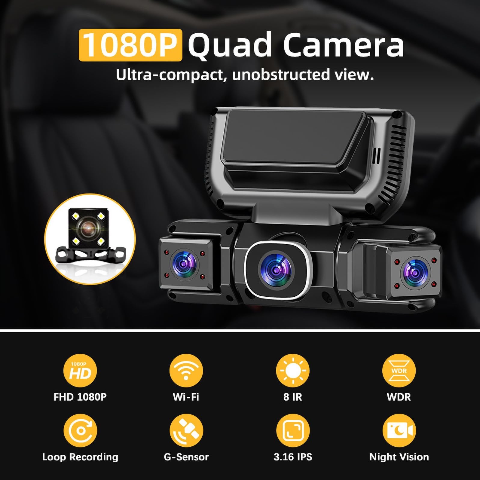 4 Channel Dash Cam Front & Rear for Cars with Radar,2K FHD & WDR Night