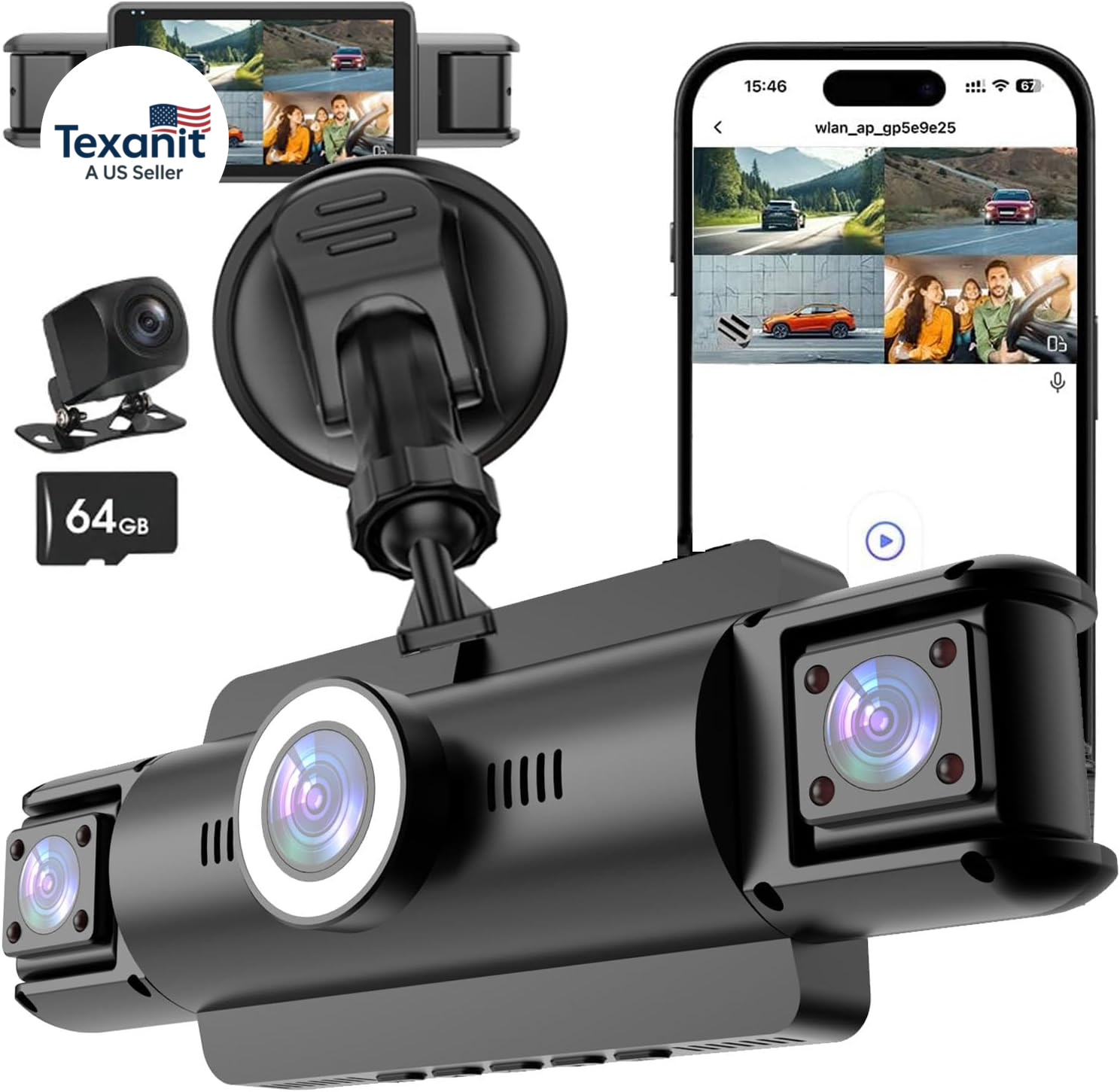 4 Channel 4K Dash Cam Front and Rear Inside, 360° View 1080P Dash Camera for Car