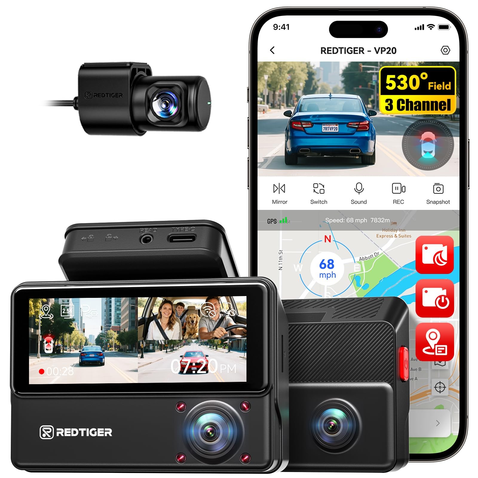 530° Dash Cam 3 Channel, 2.5K+2.5K+1080P Triple Car Camera with IR Night Visi…