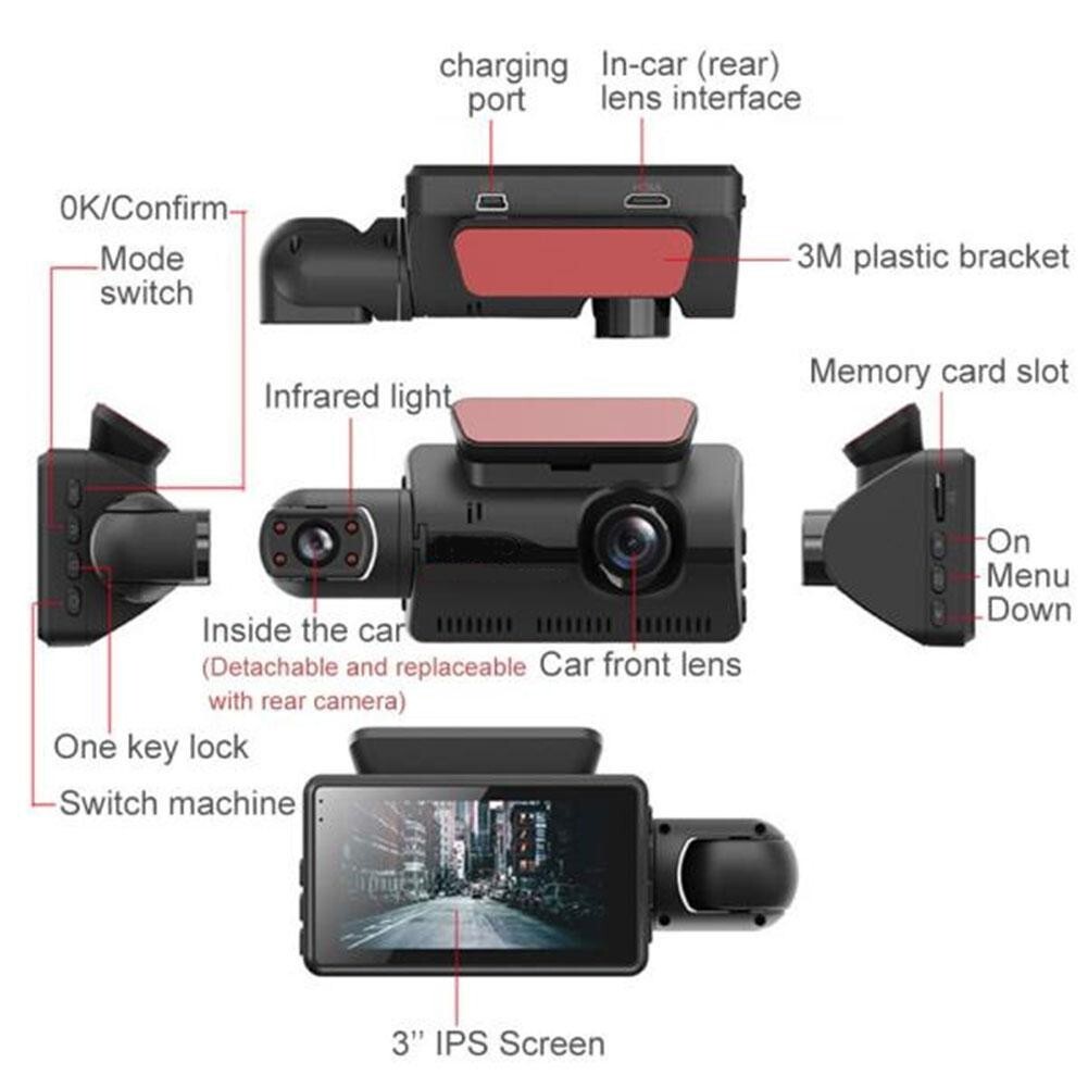 2 Lens Car Video Recorder, HD1080P Dash Cam Car 3.0inch IPS Night Vision
