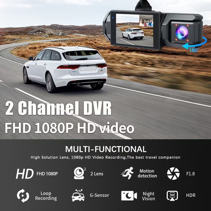 Full HD Front and Rear Dash Camera w/Night Vision, 1080P recording, 2in screen