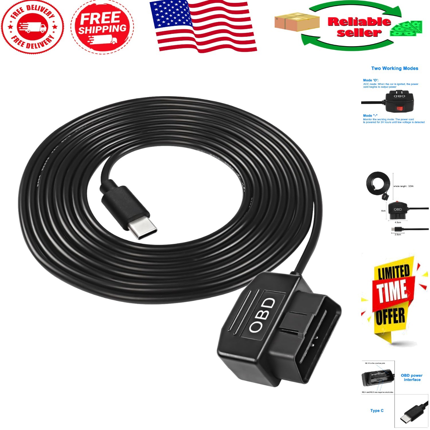 3.5M OBD Power Cable for Dash Cameras – Continuous 24-Hour Surveillance