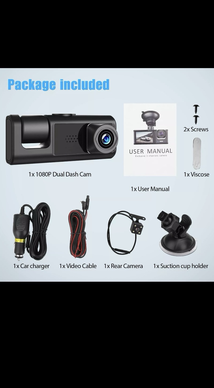 Car Dual Lens Dash Cam HD 1080P Front/Rear/Inside Video Recorder Camera G-Sensor
