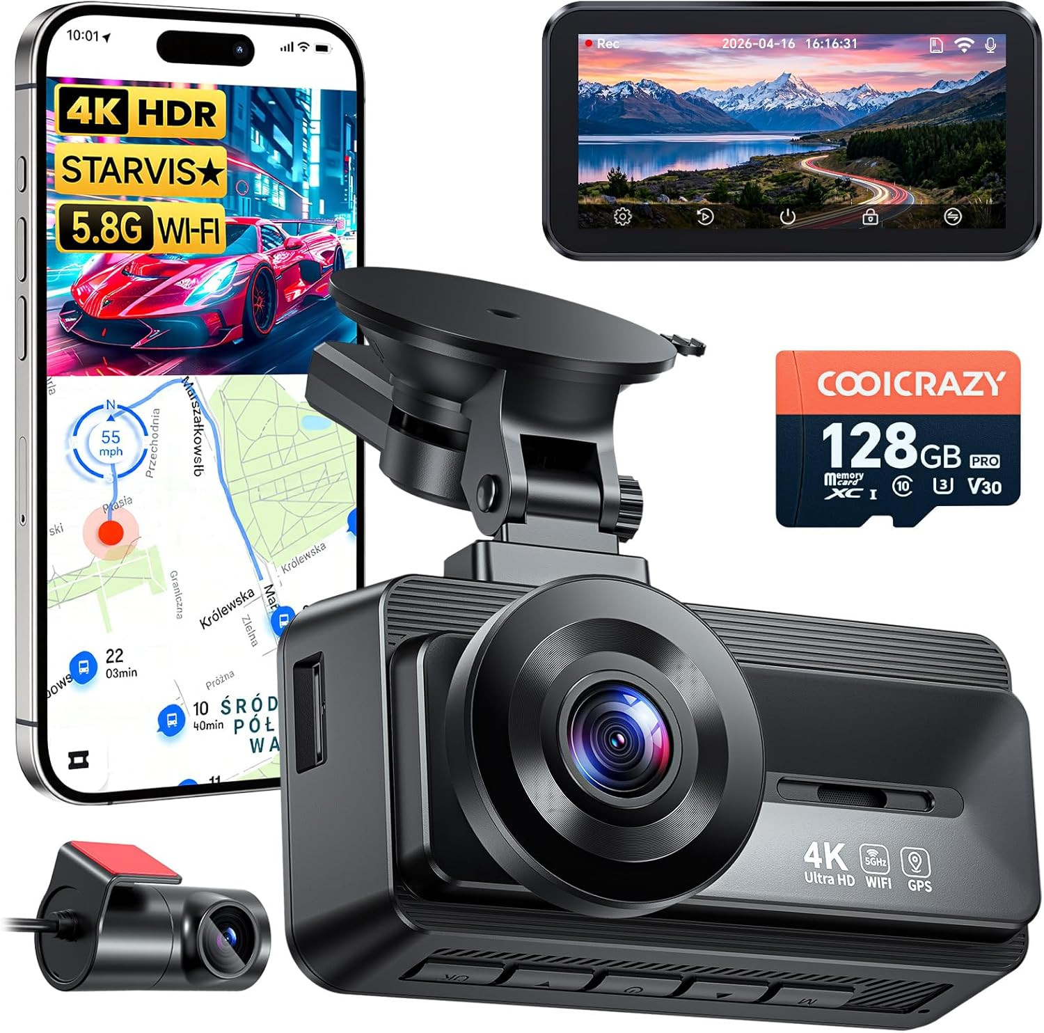 4K Dash Cam Front Rear STARVIS Night Vision GPS 128GB Card WiFi Car Camera