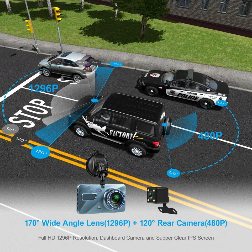 Touch Screen Dash Cam 4″ 1080P Dual Lens Car DVR Recorder Front And Rear Camera