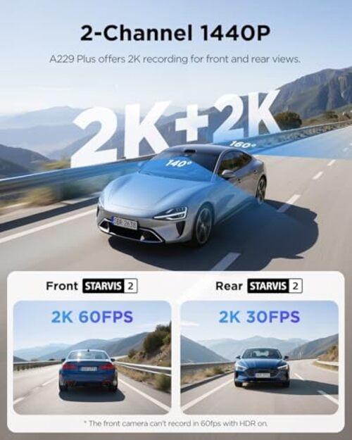A229 Plus Dash Cam Front and Rear, Dual STARVIS 2 Sensors, 2 Channel HDR,