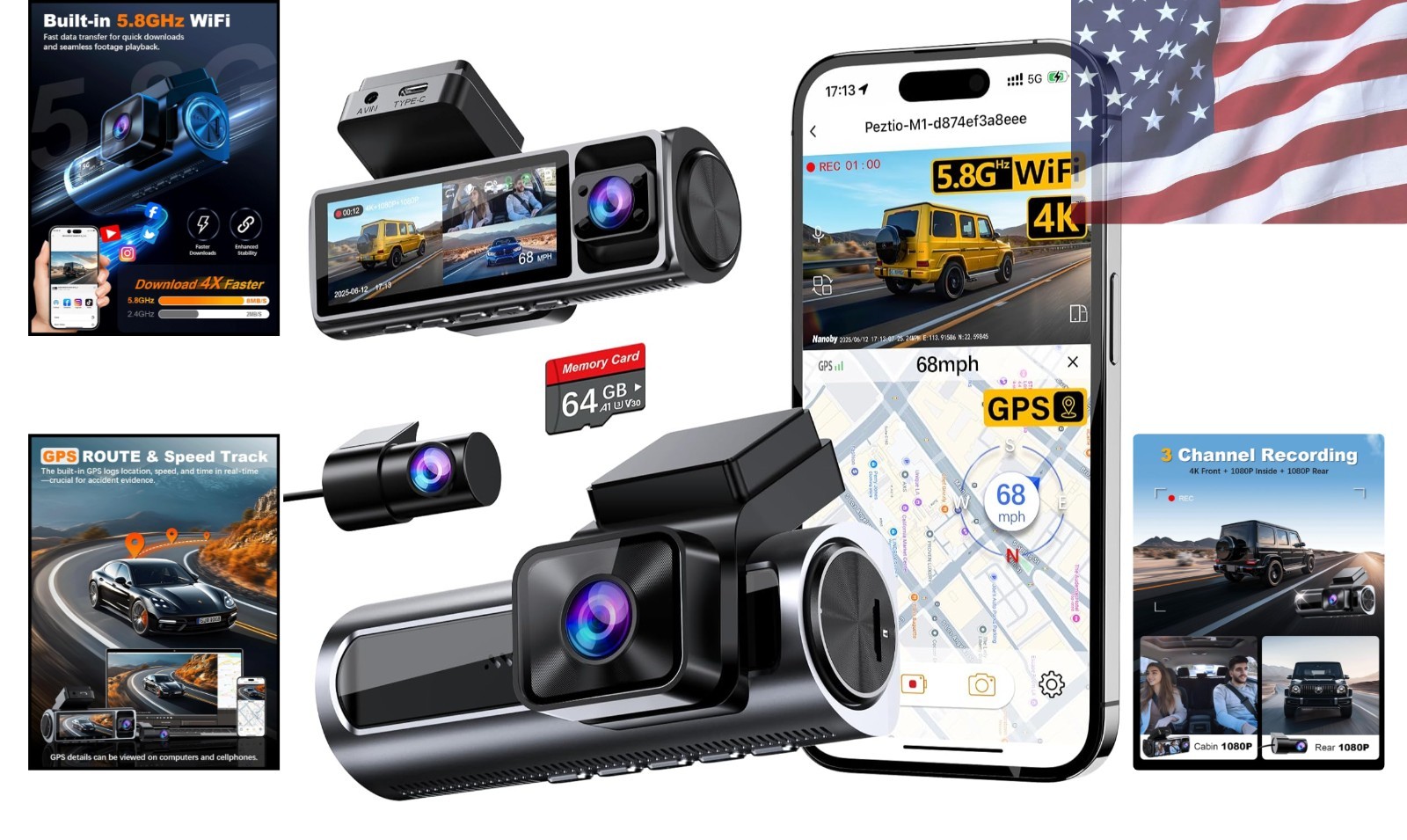 Smart 3 Channel Dash Cam with Enhanced Night Vision & G-Sensor – 64GB Included