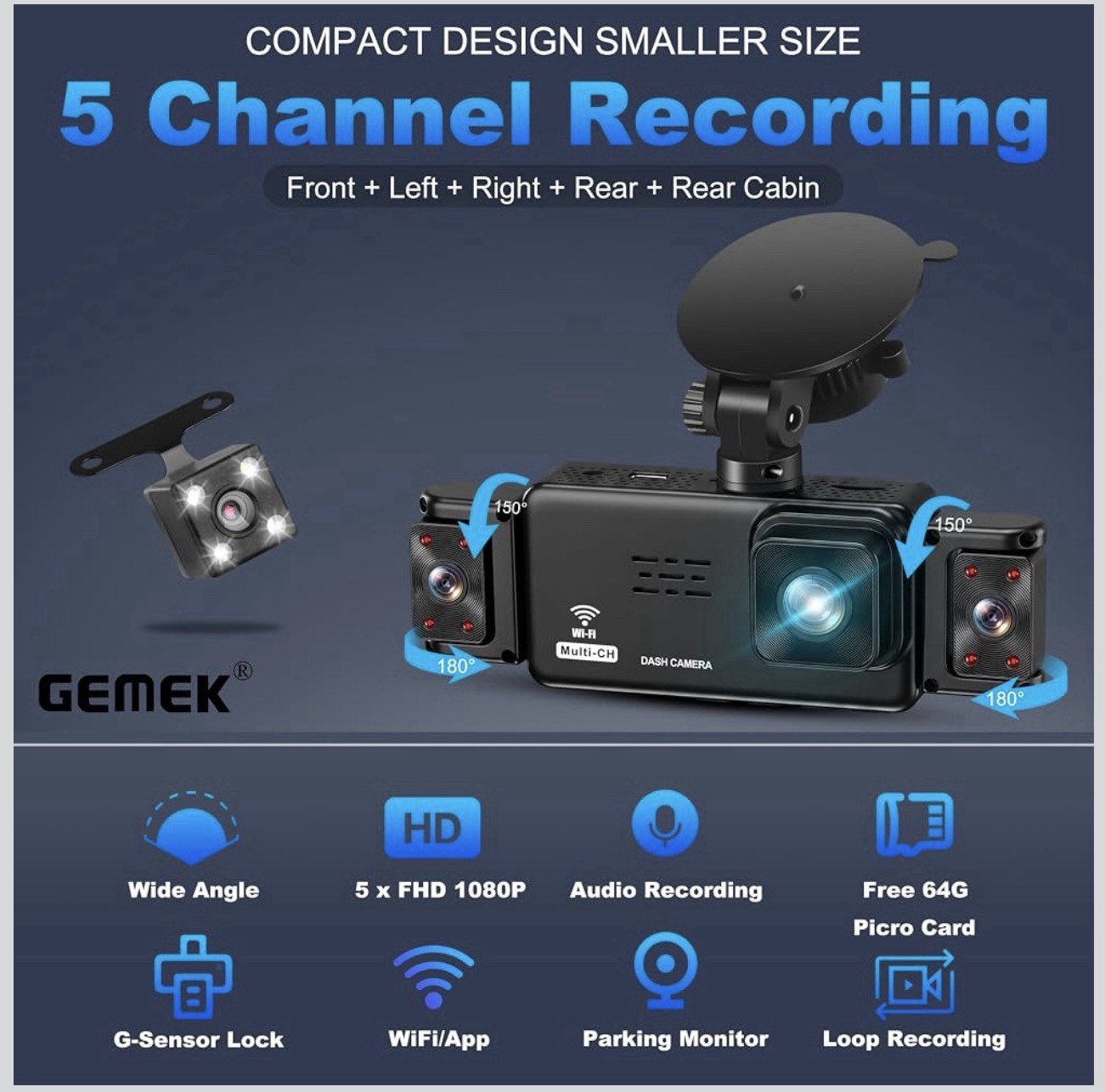 GEMEK Dash Cam 360° 3 Channel Front Rear Side 1080P WiFi Night Vision New