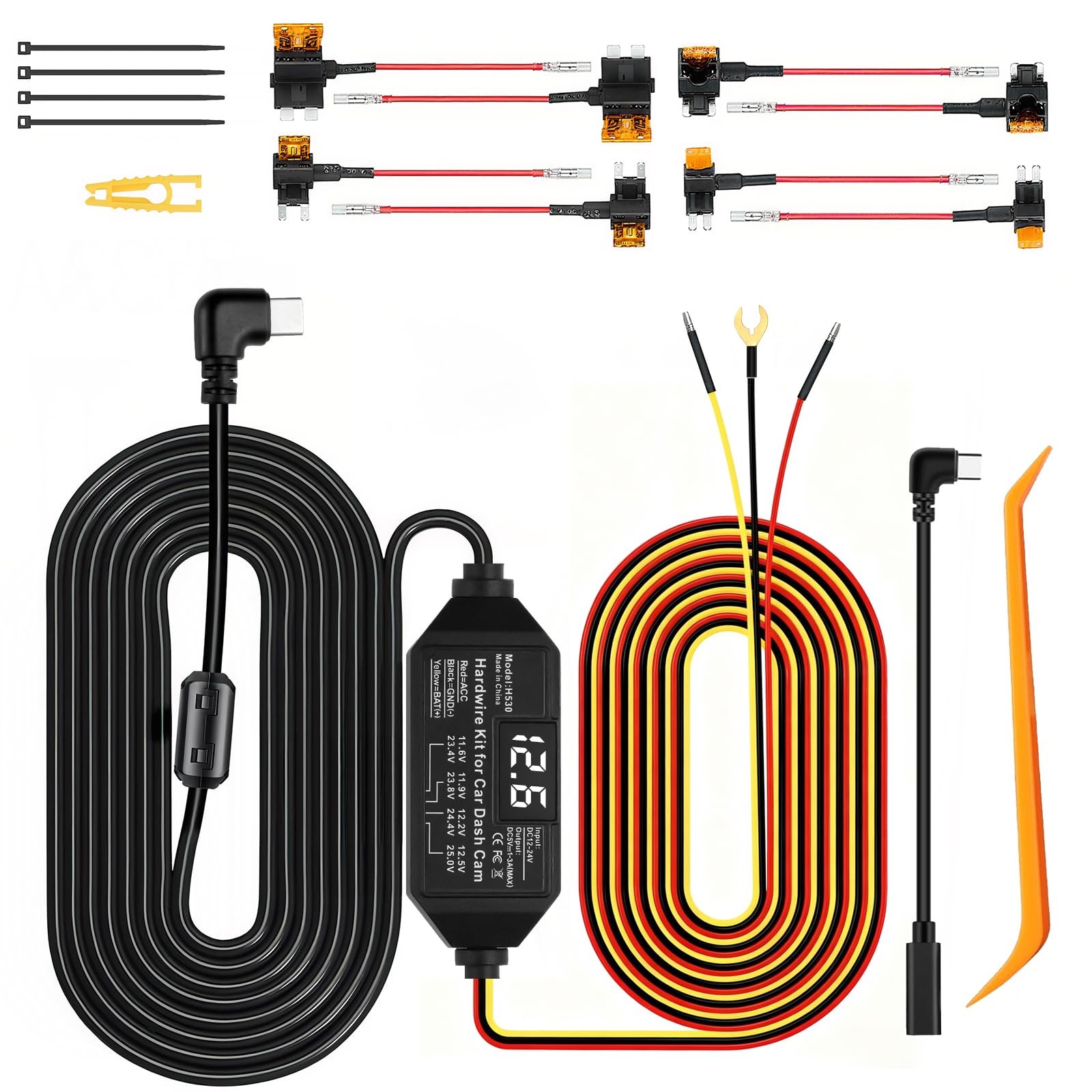 Dash Cam Hardwire Kit USB C, 12V-24V to 5V/3A Adapter Power Cable with Voltag…