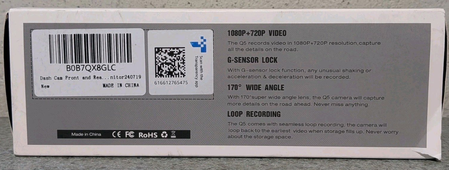 Dual Channel Dash Cam 1080P+720P DVR G-Sensor Loop Recording 170° Wide Angle