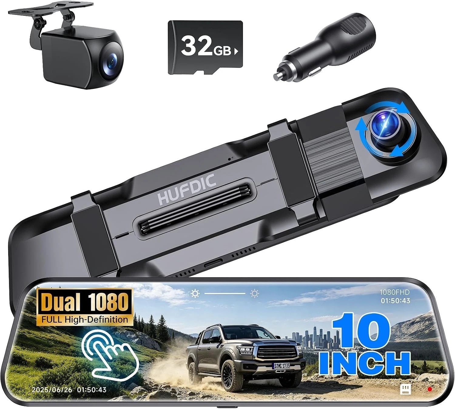 FHD 1080P Mirror Dash Cam with Parking Assistance & Loop Recording – 10” Screen