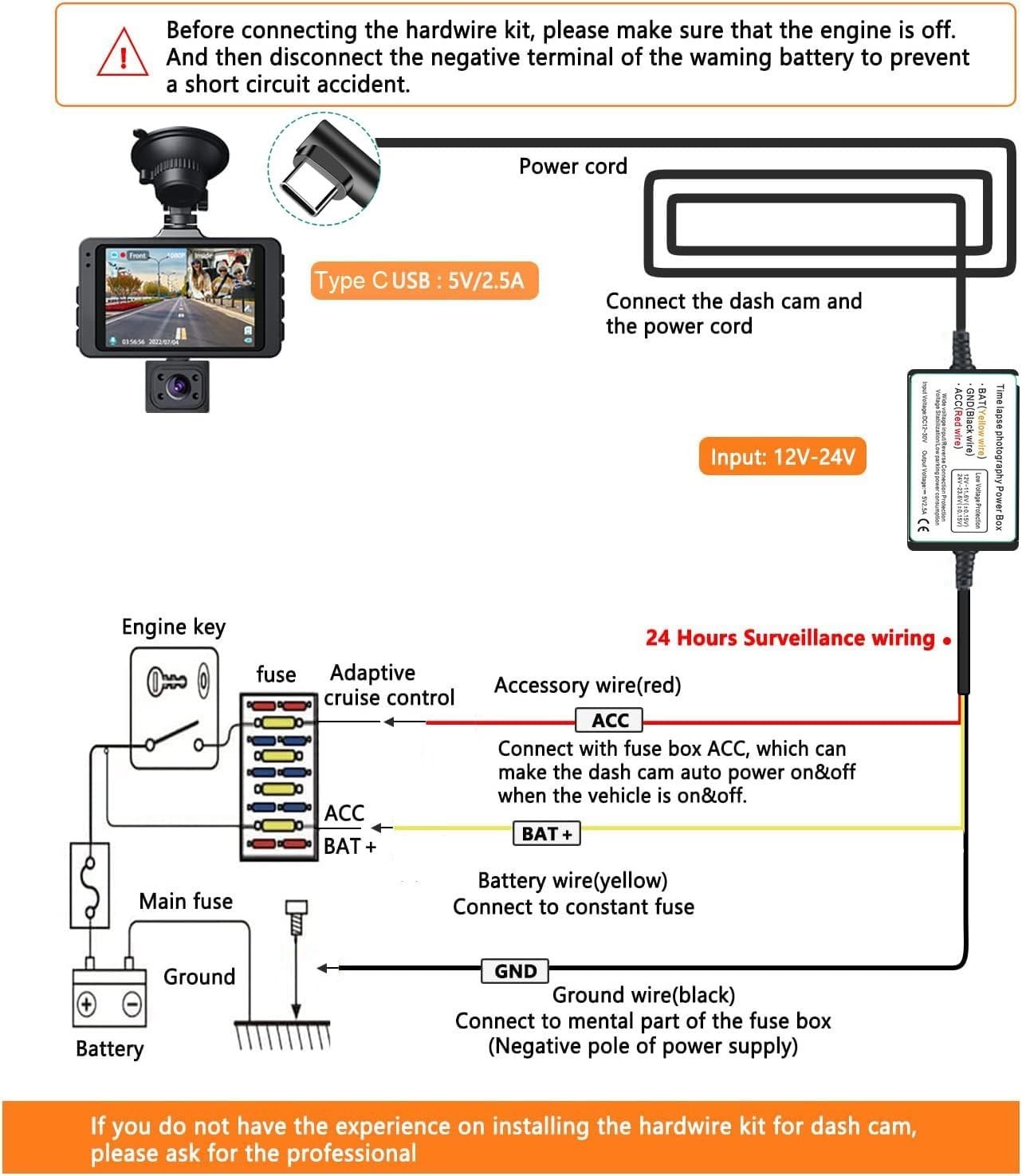 Easy Install Dash Cam Hardwire Kit – 24-Hour Monitoring, Type C USB Compatible