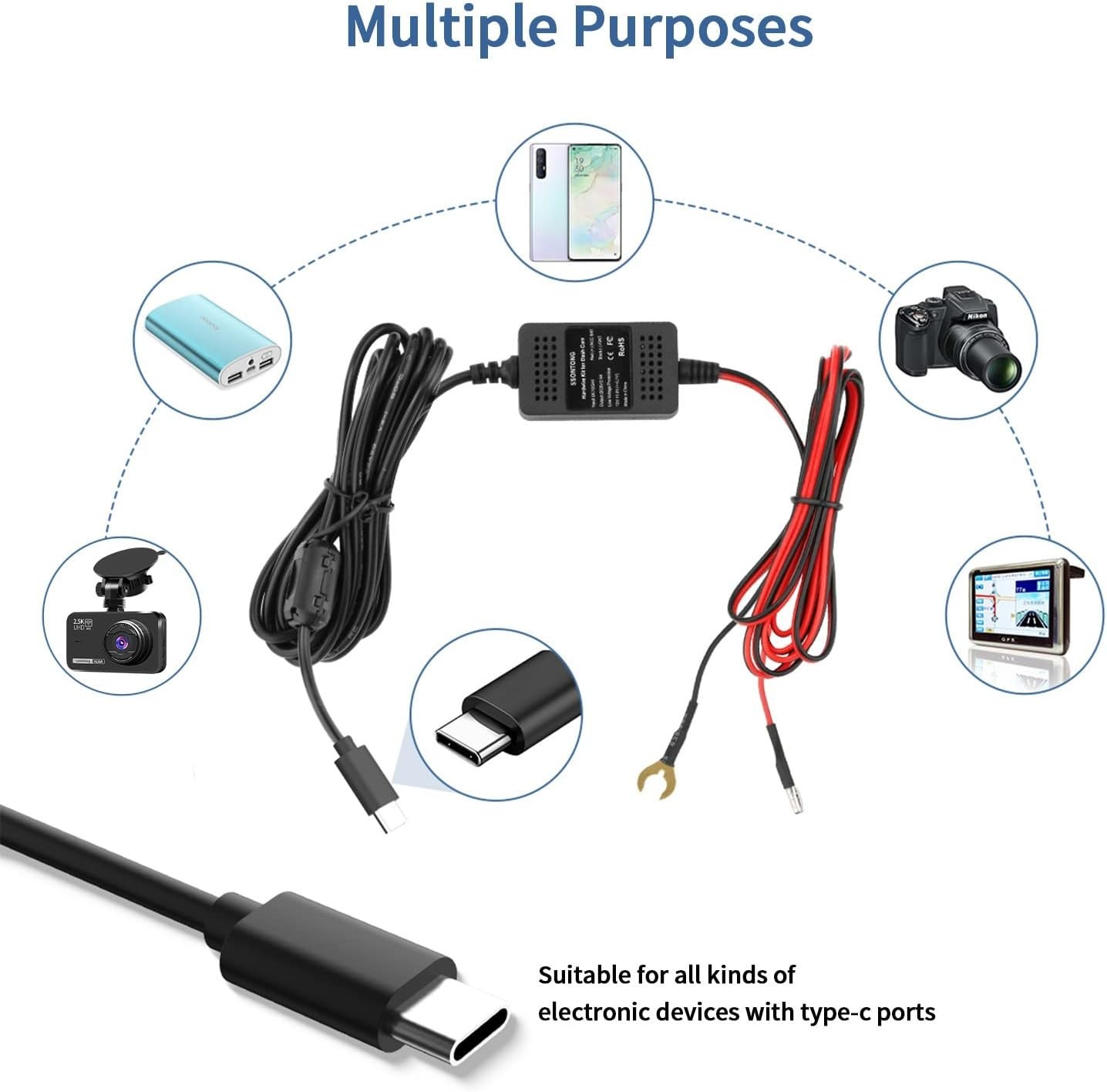 Upgraded Type-C USB Dash Cam Hardwire Kit – 13ft, Low Voltage Protection