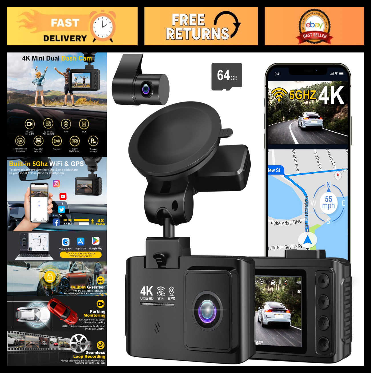 4K Dual Channel Dash Cam Front & Rear, WiFi GPS, 64GB Card, Night Vision, 170° W