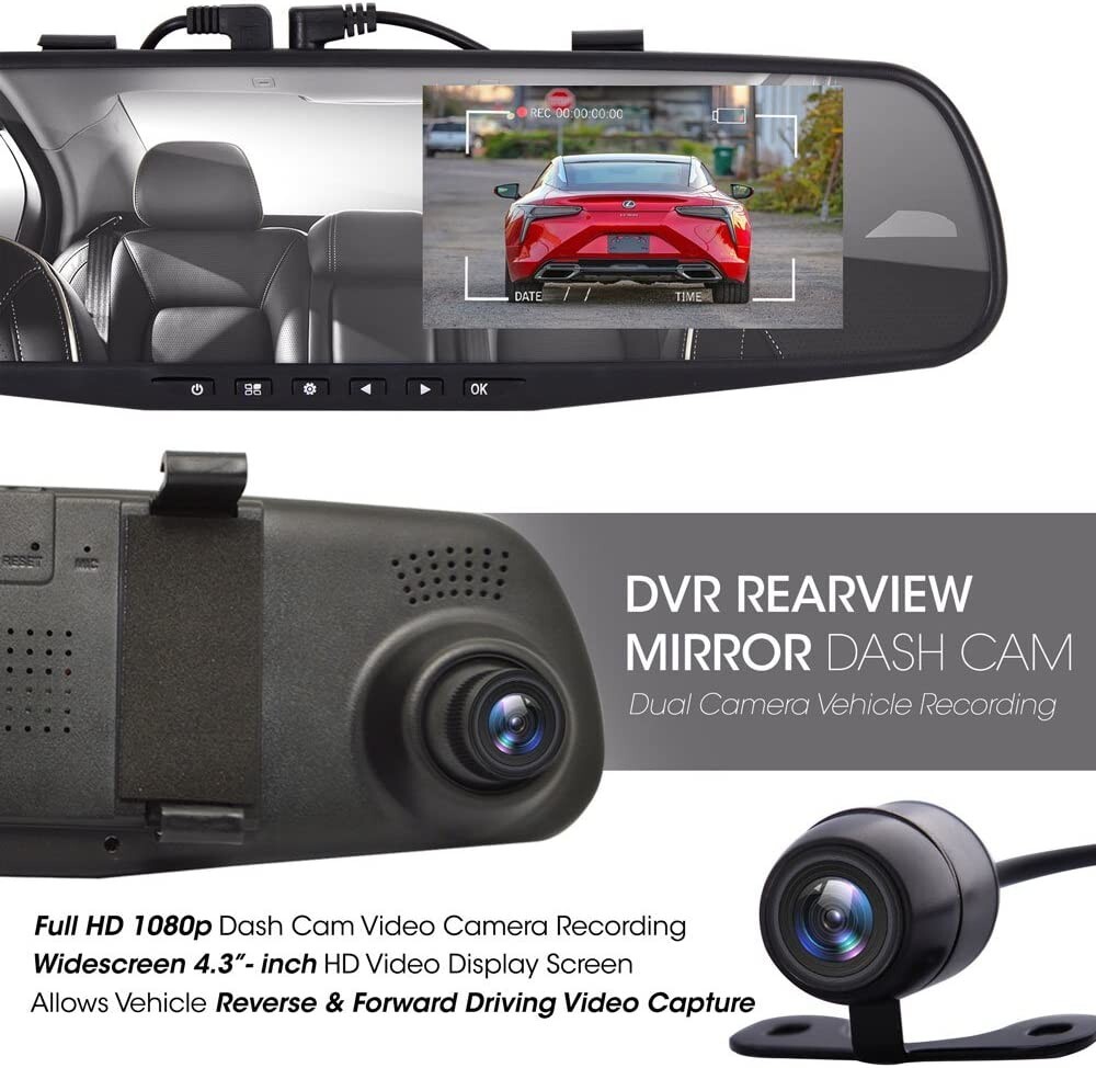 Dash Cam Rearview Mirror 4.3′ DVR Monitor Dual Camera Video Recording Full HD