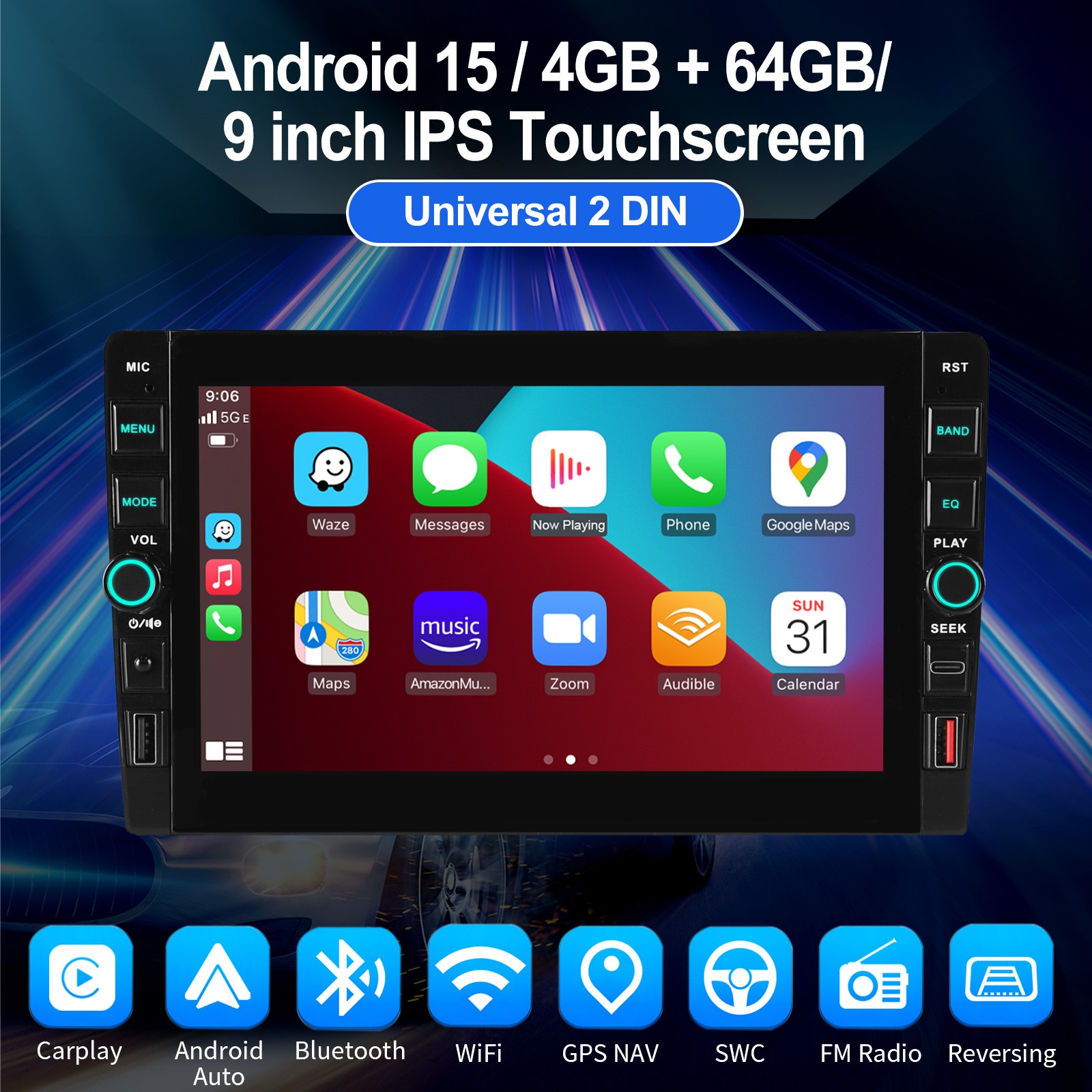 ESSGOO 9″ 4+64GB Double 2 DIN Android 15 CarPlay Wireless Stereo GPS Radio +AHD